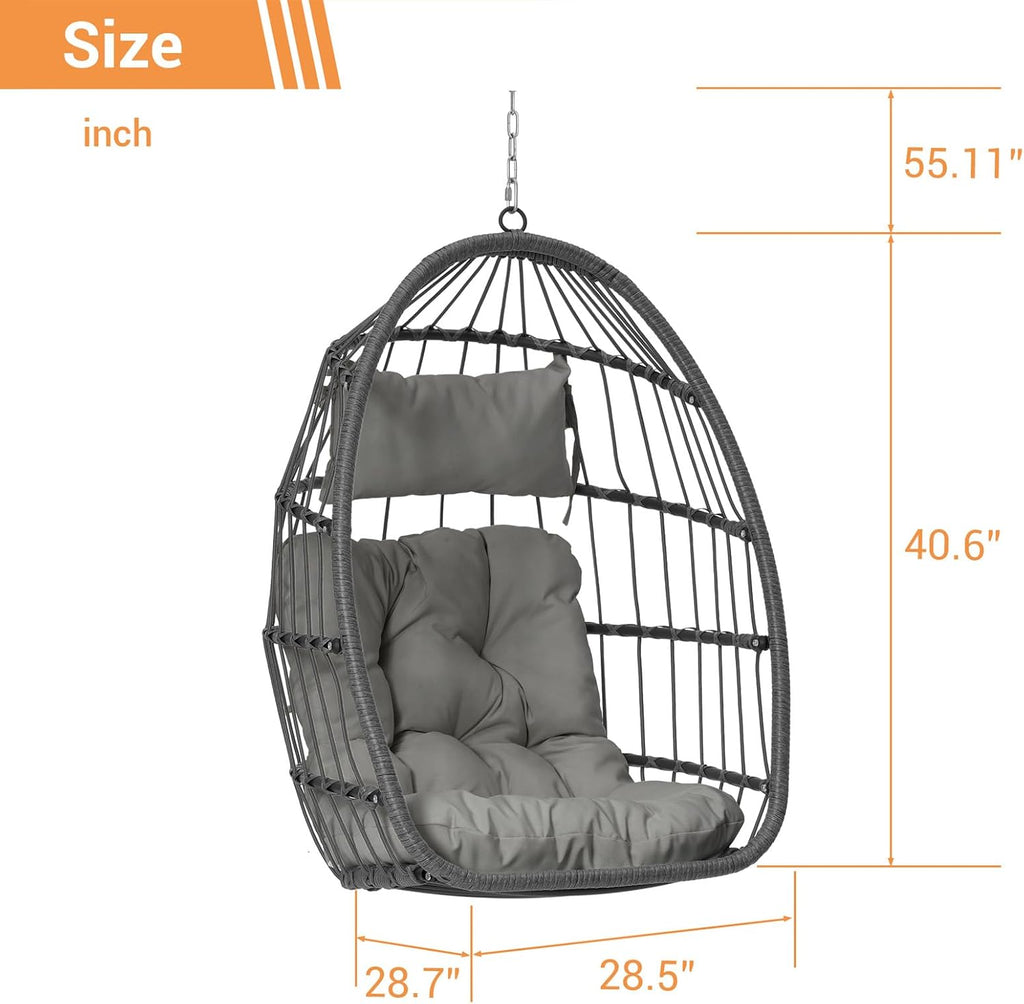 Egg Swing Chair with UV Resistant & Strong Frame, Wicker Rattan Egg Chair with Stand, 360 lbs Capacity Hanging Chair for Indoor & Outdoor Use, Patio Balcony Garden Bedroom, Dark Gray