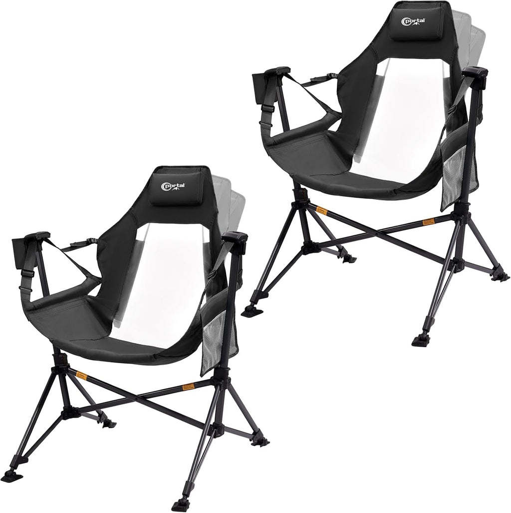 Portal Hammock Camping Chair, Portable Outdoor Swinging Chairs, Rocking Chair for Adults with Adjustable Back and Height for Lawn, Backyard, Patio, Supports 400 lbs, Mesh High Back, Black, 2 Pack