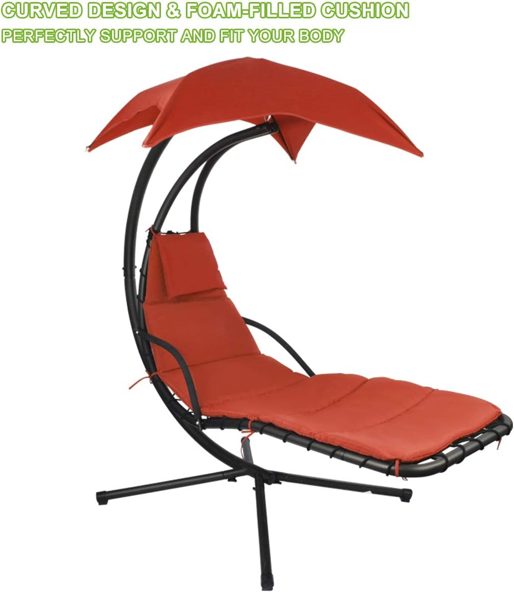 Patio Hanging Chaise Outdoor Lounger Padded Cushion Swing Hammock Chair w/Sun Shade Canopy Umbrella Stand [Orange]