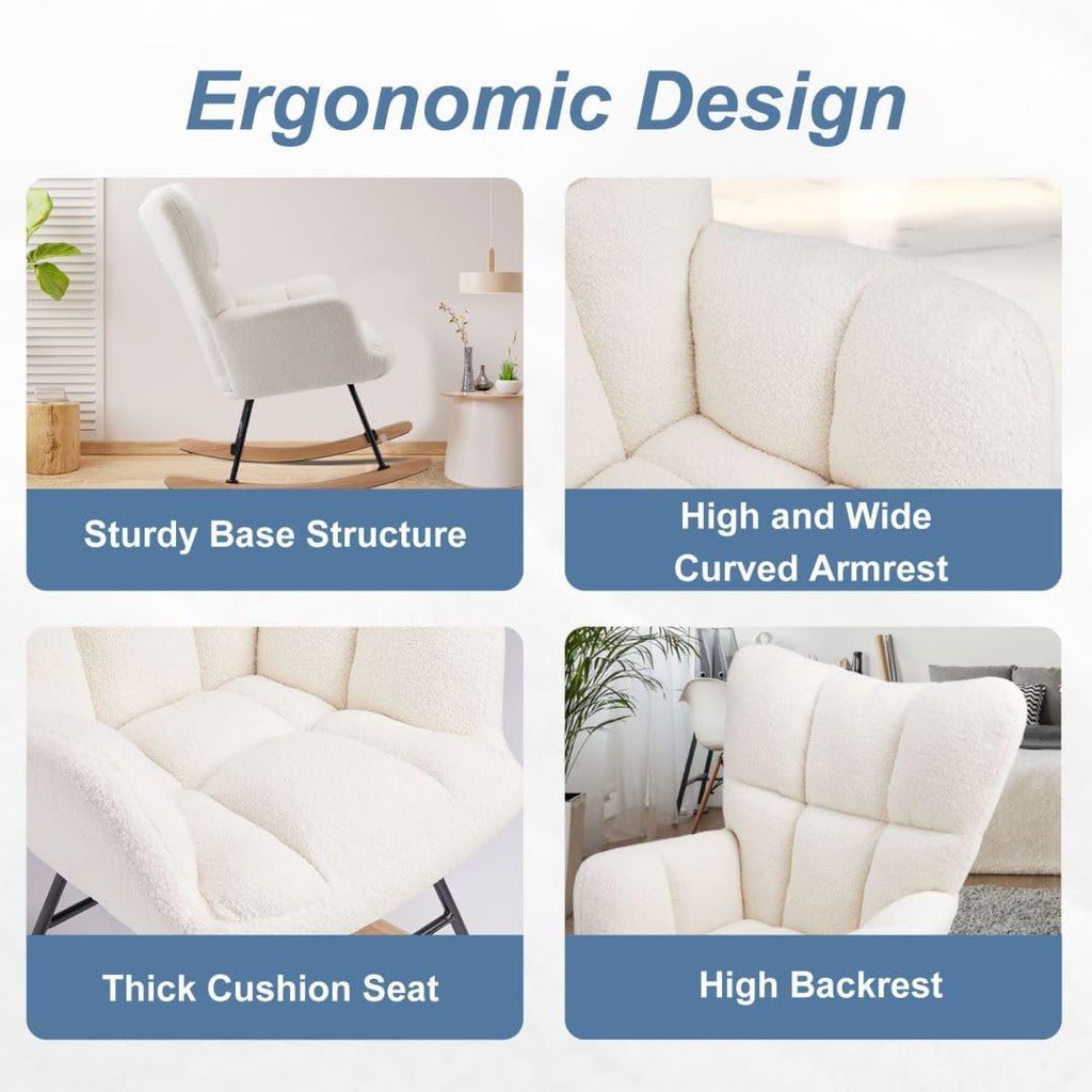 Nursery Rocking Chair, Boho Accent Ottoman, Teddy Upholstered Glider Rocker Accent Chair with High Backrest for Living Room, Small Spaces, Bedroom, Beige