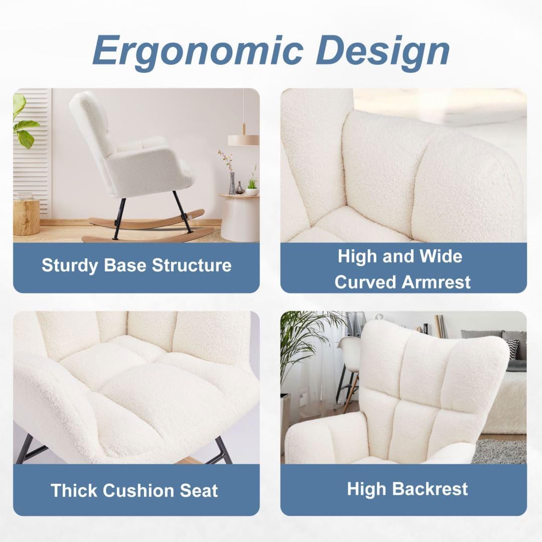 Nursery Rocking Chair, Boho Accent Ottoman, Teddy Upholstered Glider Rocker Accent Chair with High Backrest for Living Room, Small Spaces, Bedroom, Beige