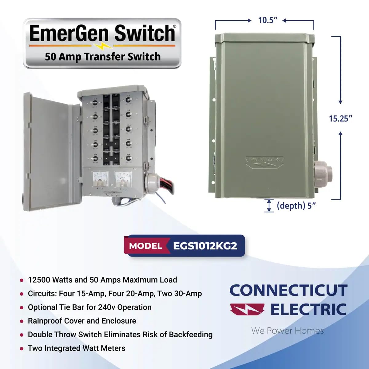 Connecticut Electric EmerGen Transfer Switch - 50 Amp, 10-Circuit, 12500 Watts, for Generator (Transfer Switch Only)