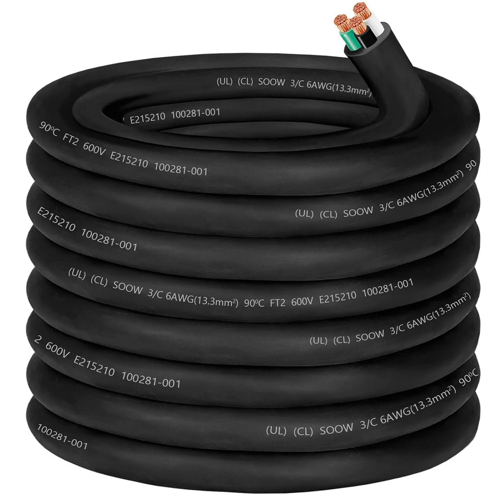 50ft 6/3 Wire SOOW Cable 6/3 Electric Wire 6AWG 600V Portable Power Cable with UL,Total 3 Conductor 6 Gauge SOOW Extension Cord SOOW Bulk Cord for Industrial-Generator,Welder,EV Charger,Outer Dia 26mm