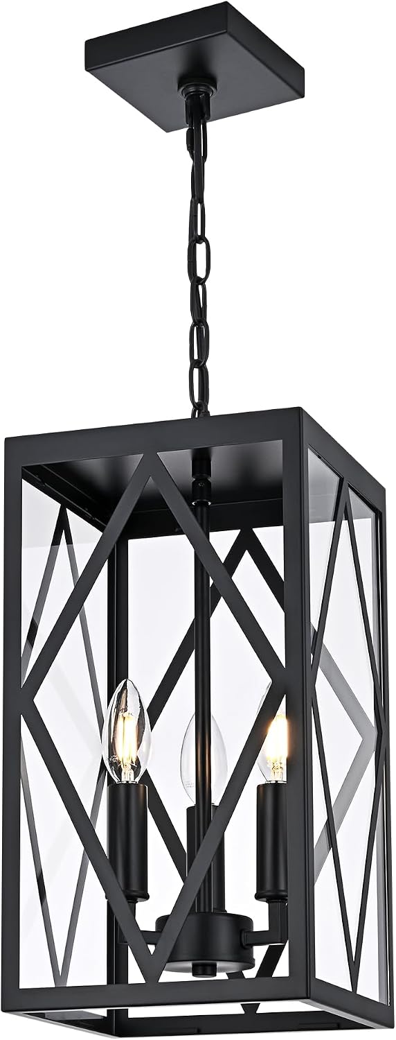 3 Light Black Outdoor Pendant Light Outside Chandelier Lantern, Modern Waterproof Exterior Hanging Light Fixture Ceiling for Front Porch Entryway Yard Patio (Bulb NOT Included)
