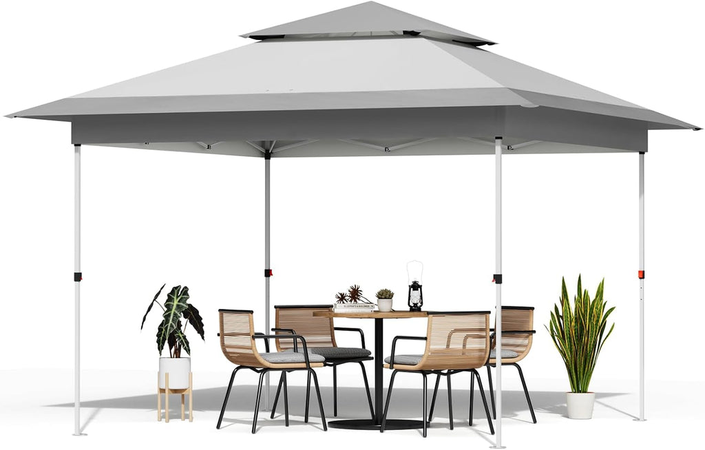 TLSUNNY 13X13 Pop Up Canopy Tent, Camping Shader W/Overhanging Eaves & Sand Bag, Outdoor Gazebo Shelter W/One Push Setup & Wheeled Bag, Height Adjustable, for Patio, Market, Party (Grey, 13FTX13FT)