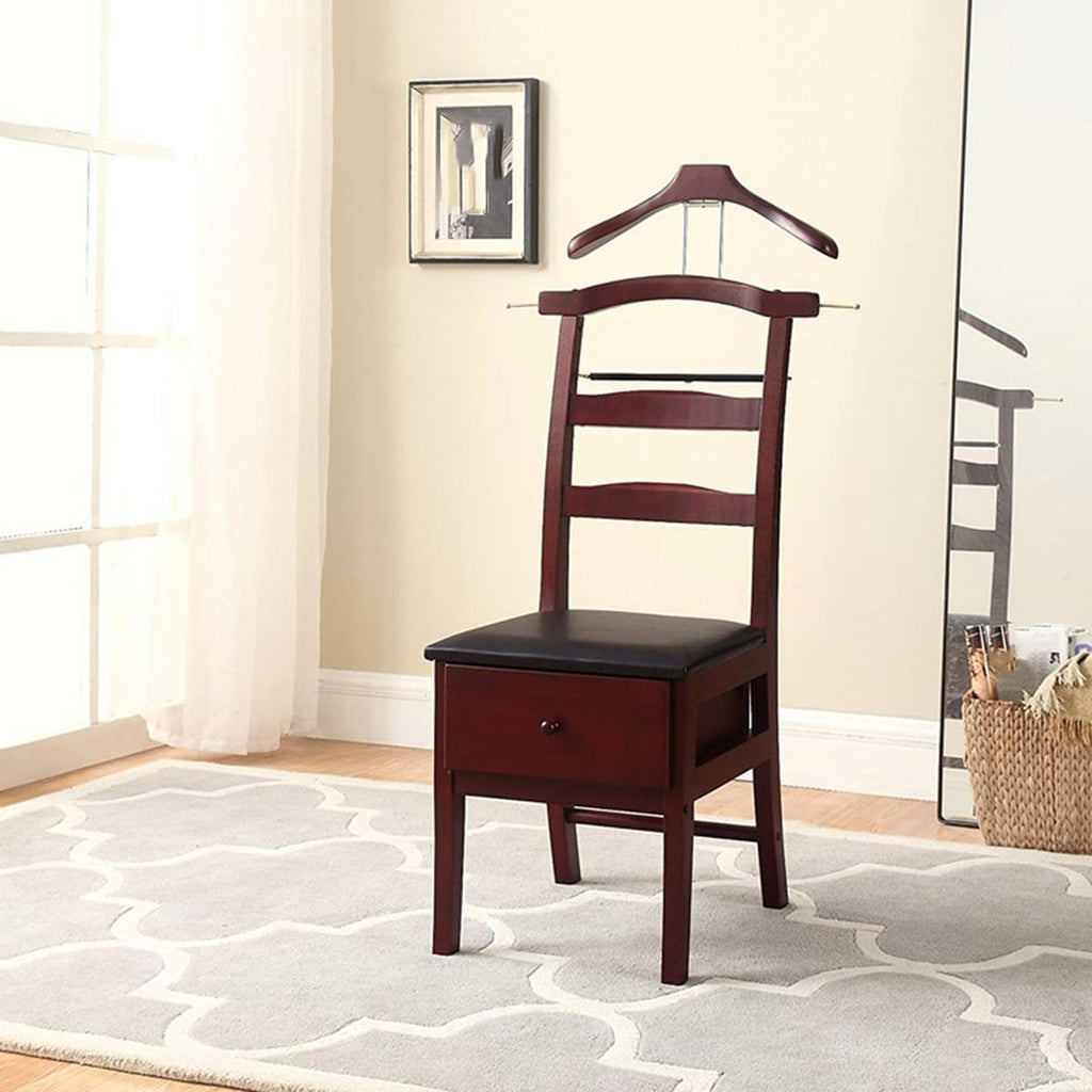 Wooden Suit Valet Stand with Contour Hanger Chair Valet with Drawer Trouser Bar and Tie & Belt Bar Freestanding Clothes Valet Stand Organizer Storage for Men and Women(Dark Brown)