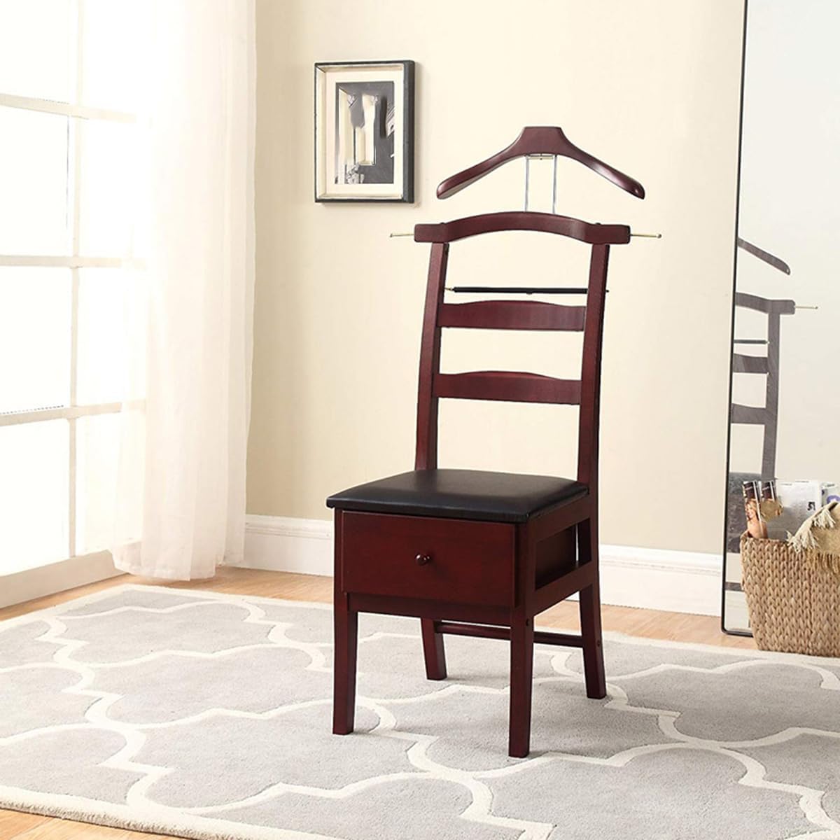 Wooden Suit Valet Stand with Contour Hanger Chair Valet with Drawer Trouser Bar and Tie & Belt Bar Freestanding Clothes Valet Stand Organizer Storage for Men and Women(Dark Brown)