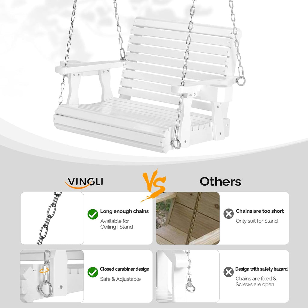 VINGLI Heavy Duty 440 LBS 1-Person Wooden Patio Porch Swing with Deeper Seat & Higher Backrest & Extra Cup Holder for Adults & Kids, Outdoor Single Porch Swing for Porch, Yard, Balcony, Tree (White)