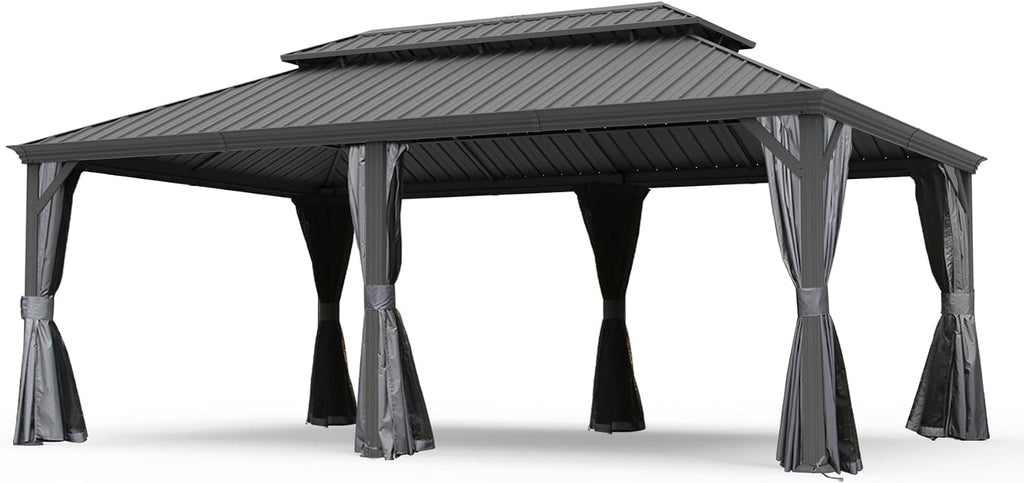 GOWE 14' X 20' Hardtop Gazebo, Upgraded Metal Gazebo with Drainage System, Dual-Layer Galvanized Steel Roof, Curtain and Netting, Outdoor Shelter Canopy for Patio, Garden, and Backyard, Grey