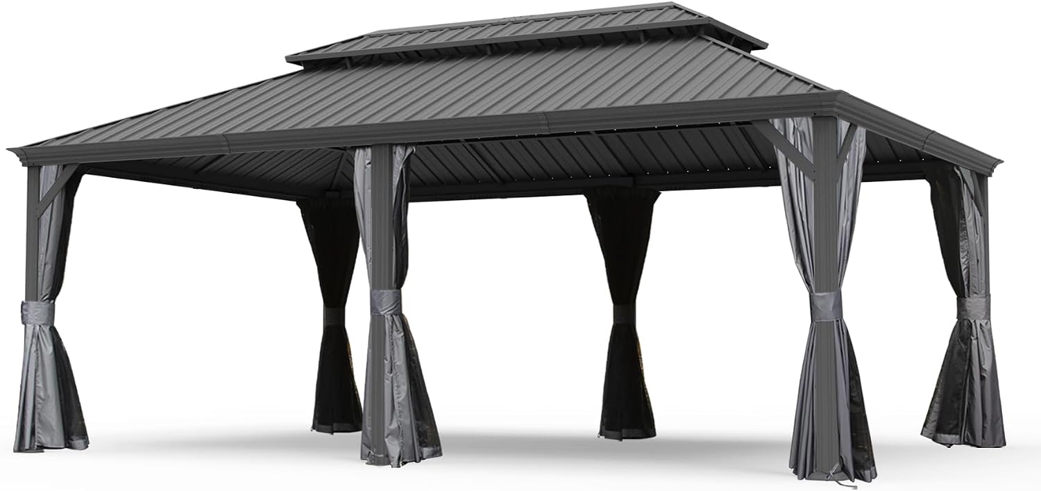 GOWE 14' X 20' Hardtop Gazebo, Upgraded Metal Gazebo with Drainage System, Dual-Layer Galvanized Steel Roof, Curtain and Netting, Outdoor Shelter Canopy for Patio, Garden, and Backyard, Grey