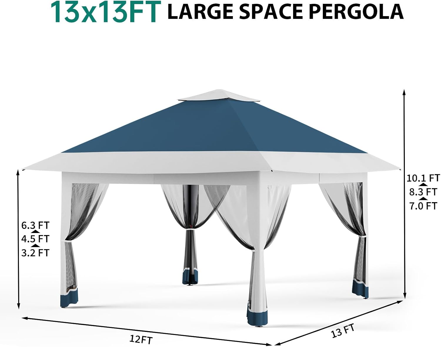 GarveeTech Pop Up Gazebo 13x13 ft Canopy Tent with Mosquito Netting, Outdoor Patio Gazebo with 3 Adjustable Heights, Tent Shelter Quick Setup Backyard Tent for Party,Wedding (Navy Blue+Hemp Grey)