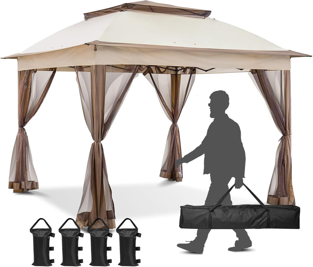 11x11 Pop Up Gazebo Tent with Mesh Netting, Instant Outdoor Canopy with UPF 50+ UV Protection, Water Resistant, Beige