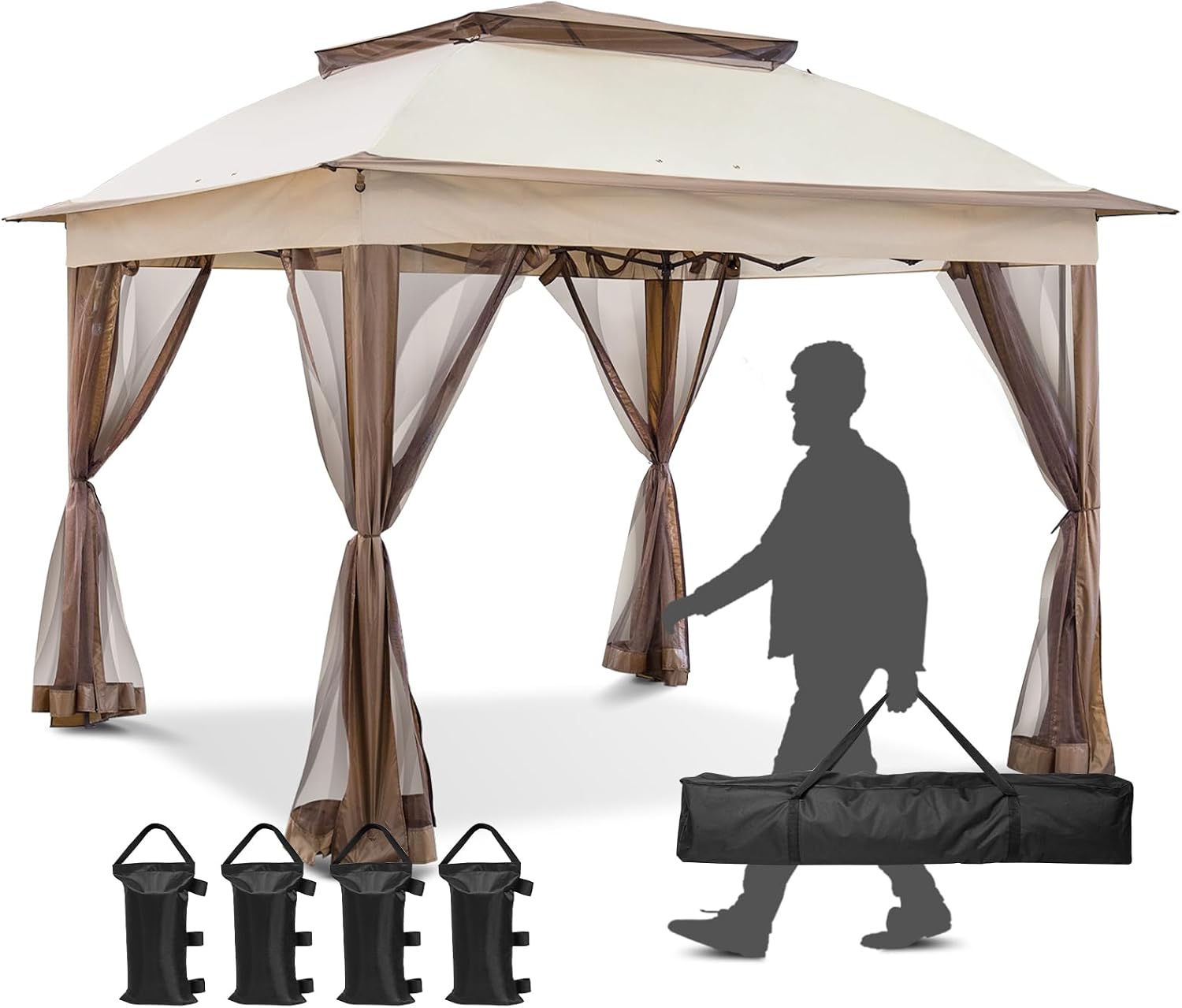 11x11 Pop Up Gazebo Tent with Mesh Netting, Instant Outdoor Canopy with UPF 50+ UV Protection, Water Resistant, Beige