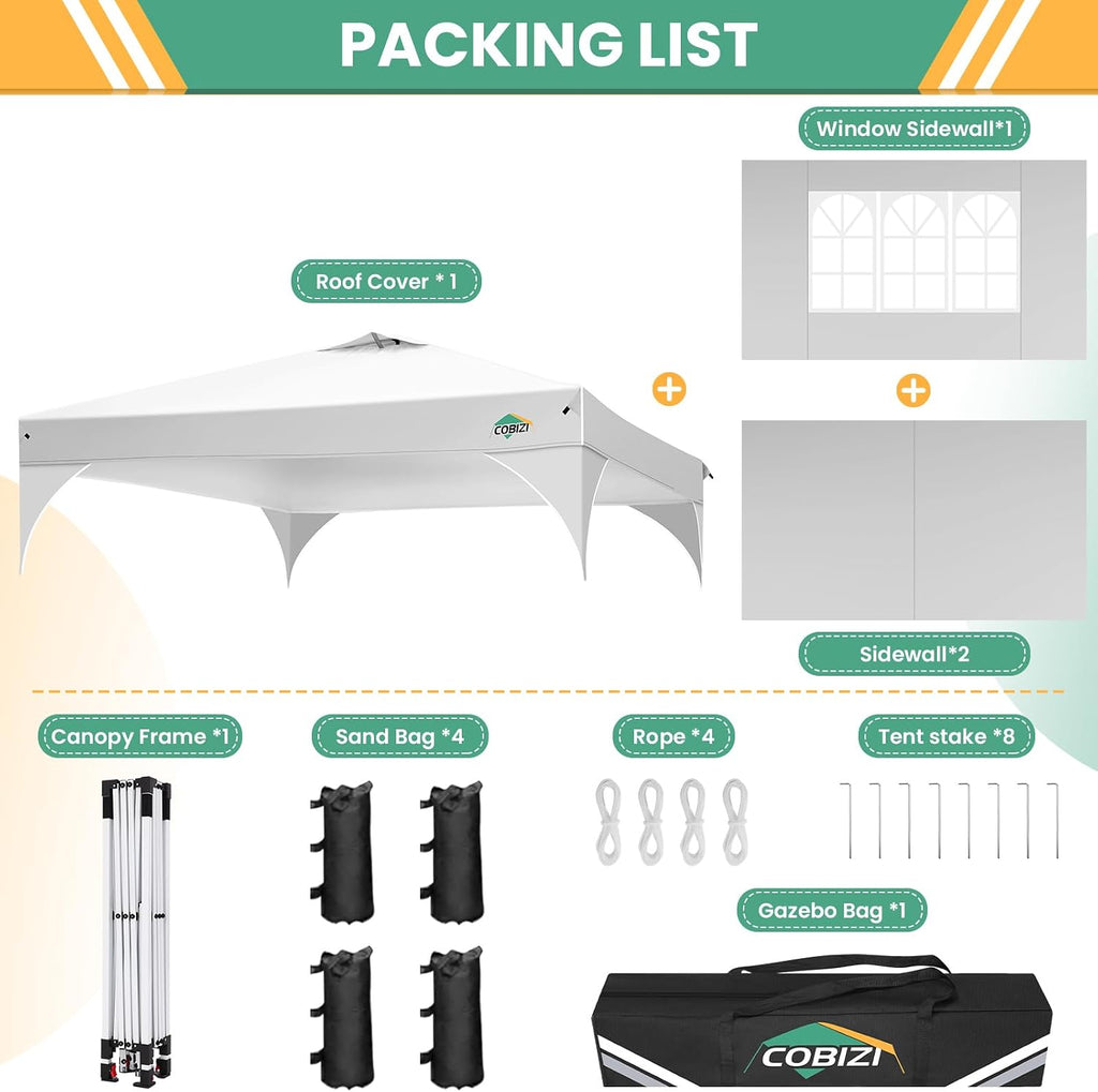 COBIZI 10x10 Pop Up Canopy Tent, Outdoor Party Tent with 3 Sidewalls, 1 Person Easy Set up, Tents for Parties with Fluorescent Strip & 4 Sandbags, Waterproof UPF50+, 3 Adjustable Height, White