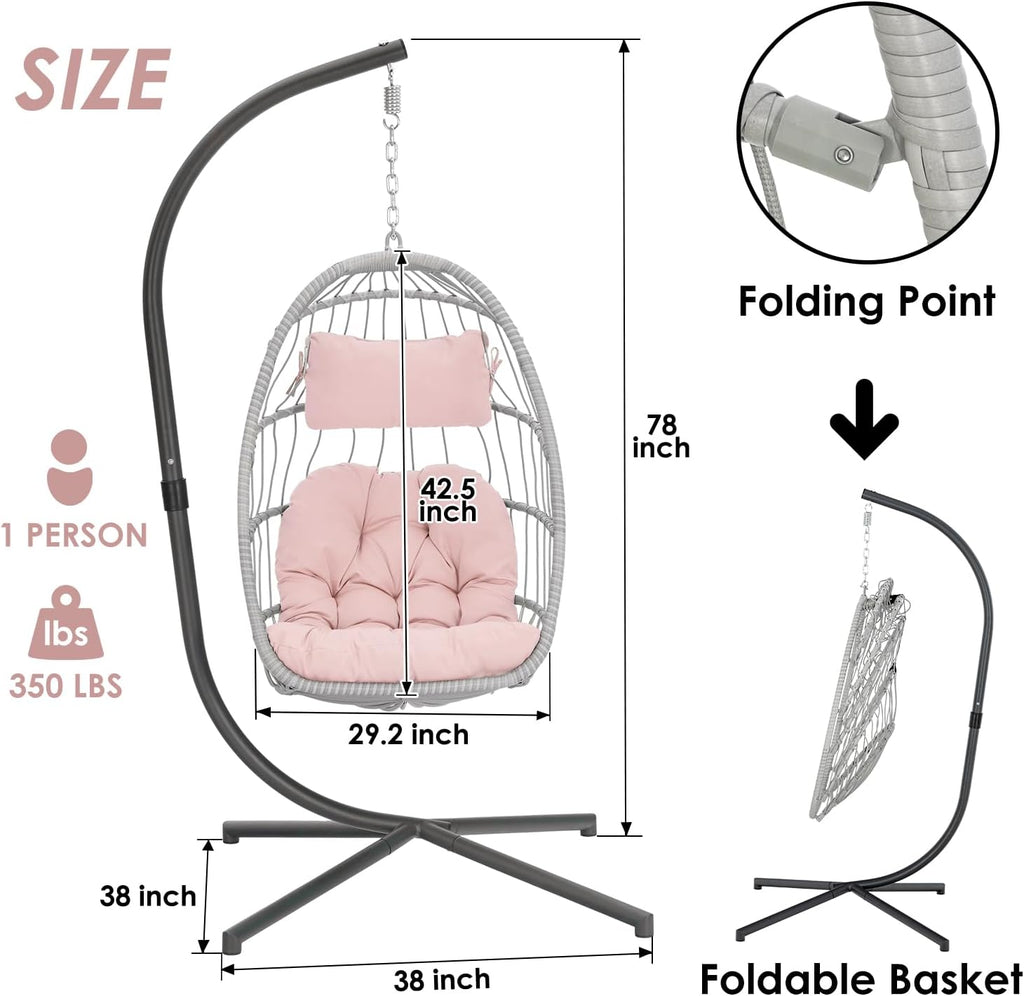 Hanging Egg Chair with Stand - Pink Swing Egg Chairs Wicker Rattan Hammock Chairs for Indoor Outdoor Bedroom Garden - Aluminum Steel Frame and UV Resistant Cushion 350LBS Capacity for Kids Adults
