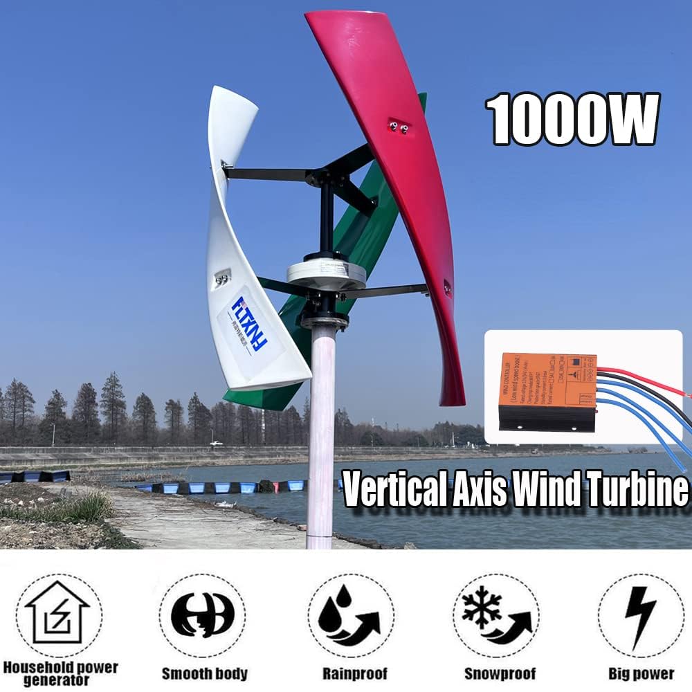1000W 24V Wind Turbine Generator VAWT 3 Blades Vertical Axis Wind Turbine Kit 1KW Wind Power Generator with MPPT Controller for Home Industrial Camping Boat Use