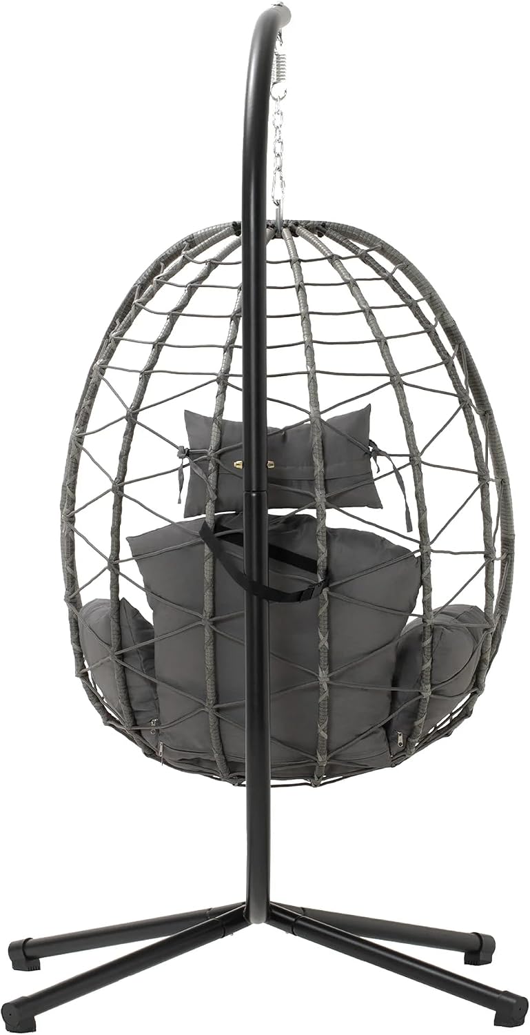 LEX CRAFT Egg Chair with Stand, Swing Chair Hanging Chair Nest Basket, UV Resistant Removable & Washable Cushions,350LBS Capacity for Bedroom, Balcony, Garden(GR-GR)
