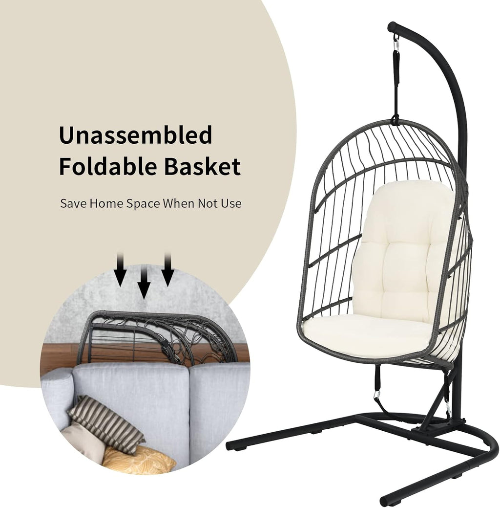 Giantex Hanging Egg Chair with Stand, Outdoor Indoor Foldable Swing Chair with Cushions, Rattan Hanging Basket Chairs with C Hammock Stand, Hanging Hammock Chair for Bedroom Balcony Patio (Beige)