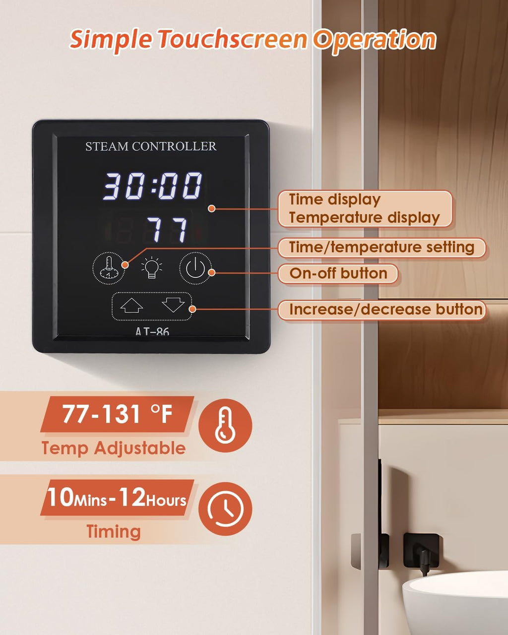 Steam Shower Generator Kit 9KW for Bath Sauna SPA, Aromatherapy Steam Head, Self-draining System, LED Touchscreen Controller, 12-Hour Timer 77-131℉ for 318CBFT/9m³ Room