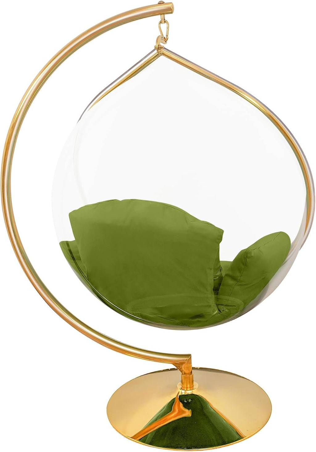 Hanging Chair - Transparent Acrylic Bubble, Waterdrop Shape, Indoor Swing Chair with Gold/Chrome Stand, Durable Fabric Cushion - Luxury Accent for Living Room, Bedroom (Gold/Green)
