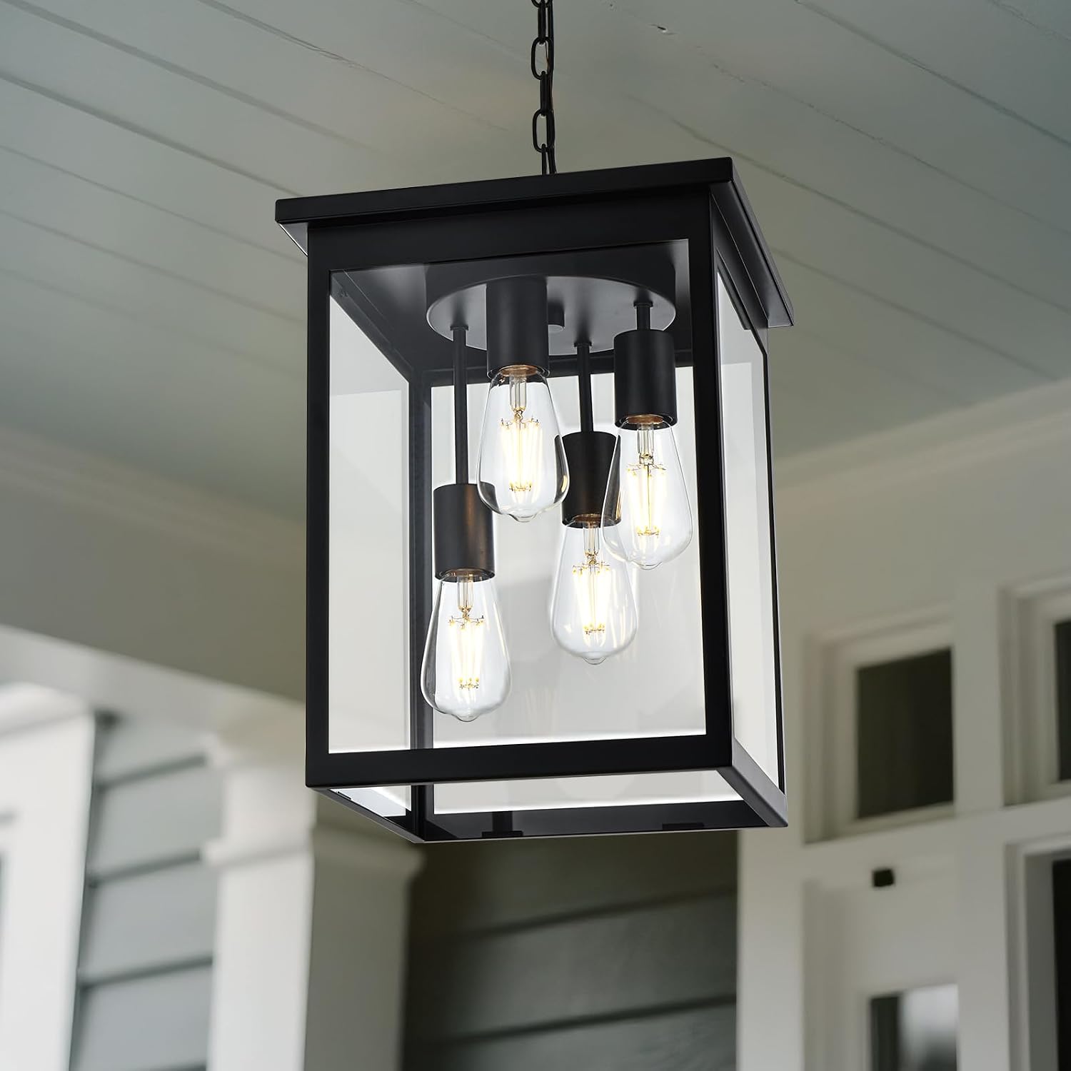 Yaohong Large Outdoor Pendant Lights for Porch, 4-Lights Black Exterior Pendant Light with Clear Glass, Outdoor Porch Light Ceiling Mount Outdoor Hanging Light Fixture for Gazebo, Patio, Entryway