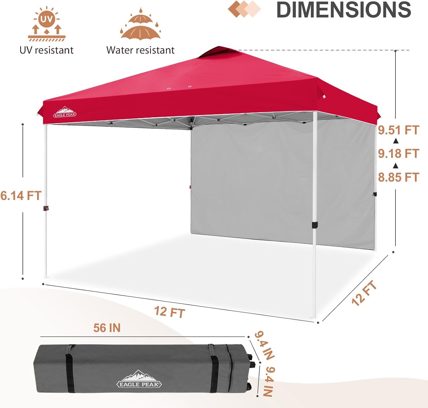 EAGLE PEAK Commercial Canopy 12x12 Pop Up Canopy Tent with 1 Sidewall, Easy Setup Heavy Duty Instant Event Shelter for Vendors & Markets, Outdoor Sun Shade, Red