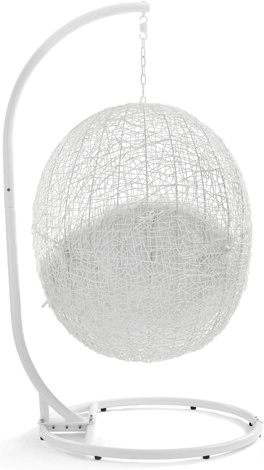 Modway Hide Wicker Rattan Outdoor Patio Porch Lounge Egg Swing Chair Set with Stand in White