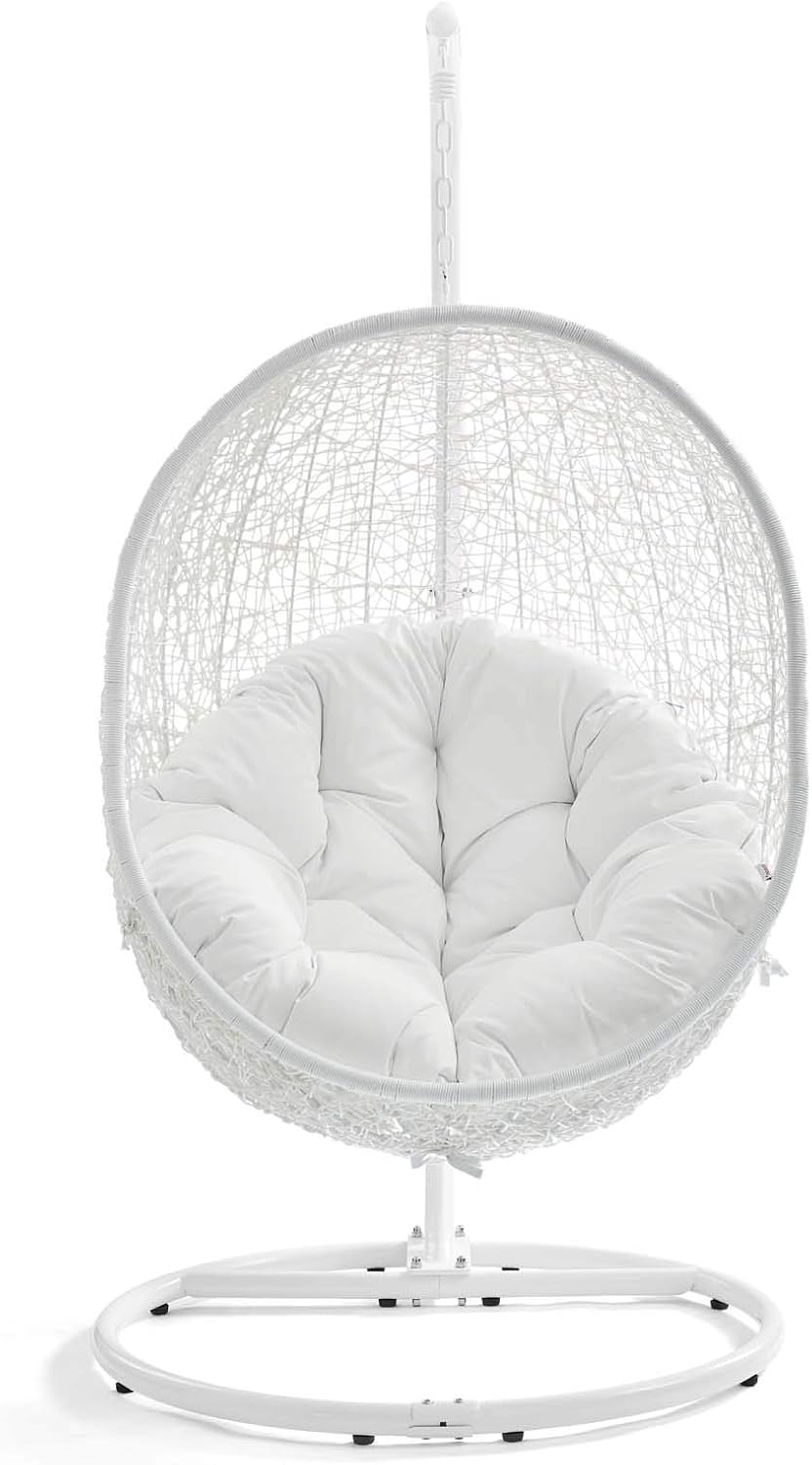 Modway Hide Wicker Rattan Outdoor Patio Porch Lounge Egg Swing Chair Set with Stand in White