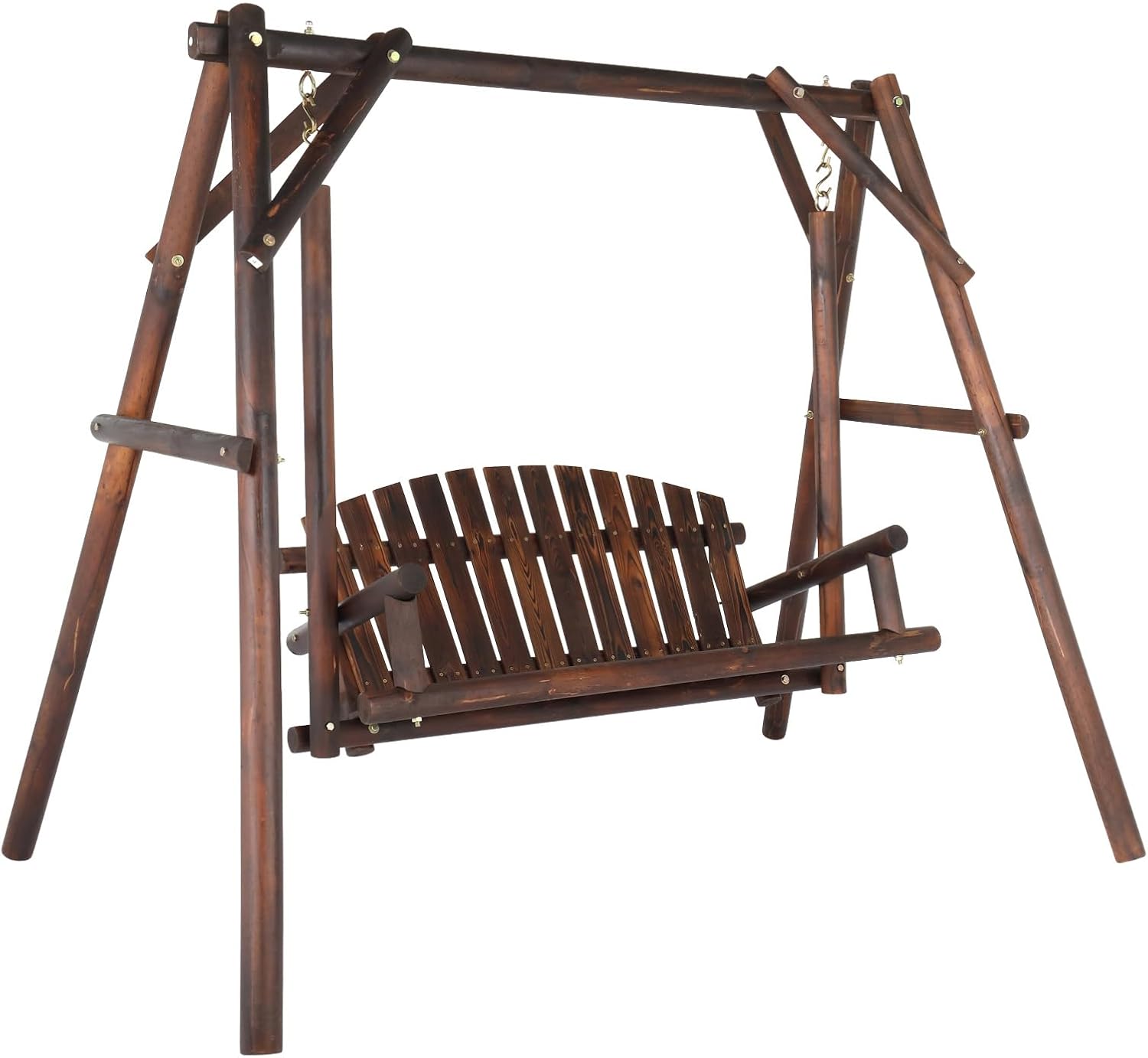 VINGLI Heavy Duty 880 LBS Wooden Patio Porch Swing with A-Frame Stand, Hanging Swing Bench Chair with Frame for Outside, Yard, Garden (Rustic Sequoia Dusk)