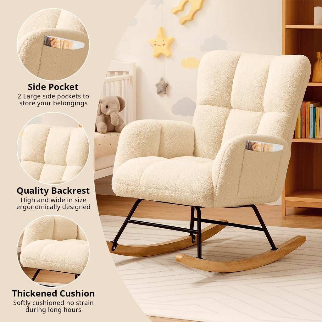 COMHOMA Nursery Rocking Chair, Teddy Upholstered Glider Rocking Chair with Side Pockets, Accent Chair with High Backrest Reading Chair for Adult, Nursery, Bedroom, Living Room,Offices(Beige)