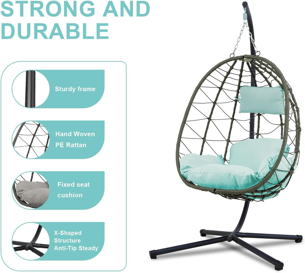 Egg Chair Indoor Outdoor, Foldable Hanging Egg Chair with Stand, Patio Swing Egg Chairs, UV Resistant Removable &Washable Thicken Padded Cushions, 350LBS Capacity for Bedroom (Small Blue)