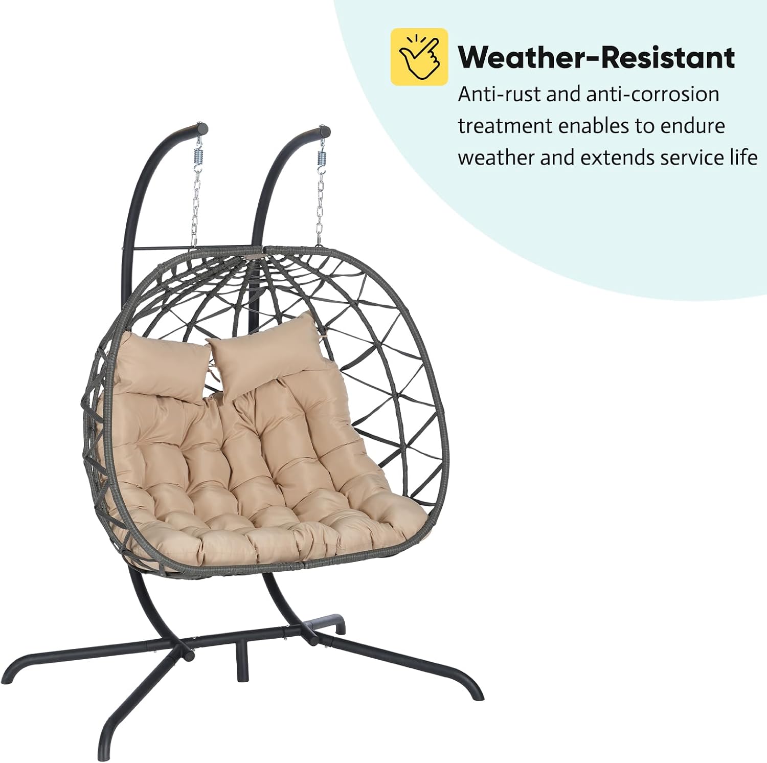 JOYBASE Double Swing Egg Chair with Stand, 2-Person Hanging Egg Chair Wicker Rattan Oversized Swinging Chair for Outdoor Indoor Garden Patio (Khaki Cushion and Grey Rattan)