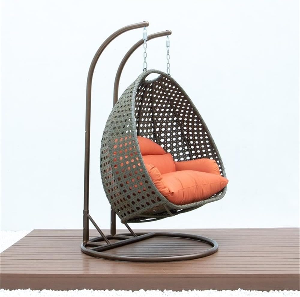 LeisureMod 2 Person Wicker Egg Chair Outdoor Indoor Bedroom Patio Hanging Lounge Swing Hammock Chairs with Beige Stand and UV Resistant Cushions, Orange