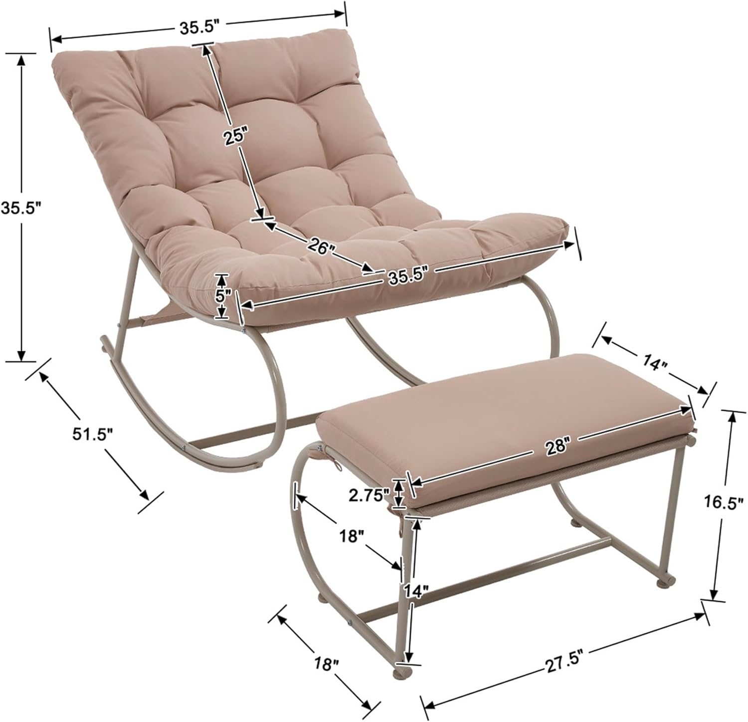 Outdoor Rocking Chairs Set of 2, Modern Papasan Rocking Chairs with Cushions, Upholstered Patio Rocking Chairs with Foot Rest, Cozy Metal Outdoor Lounge Rockers Recliner for Indoor, Khaki