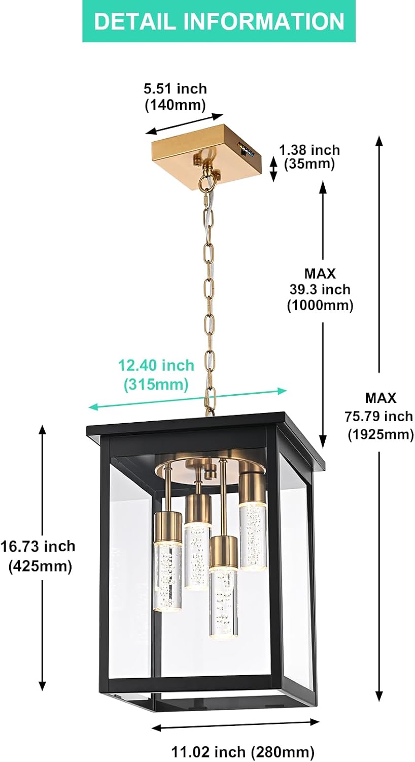 Yaohong Large 5CCT LED Outdoor Pendant Lights for Porch, 4-Lights Modern Black and Brushed Brass Hanging Ceiling Fixture with Acrylic Column & Clear Glass, Weatherproof Chandelier for Foyer Gazebo