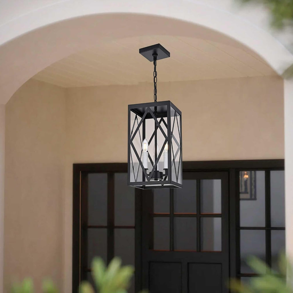 3 Light Outdoor Pendant Lights for Porch, 15.7'' Waterproof Exterior Hanging Porch Lights Ceiling Mount Outdoor Chandelier with Clear Glass for Front Porch Gazebo Patio, White Socket