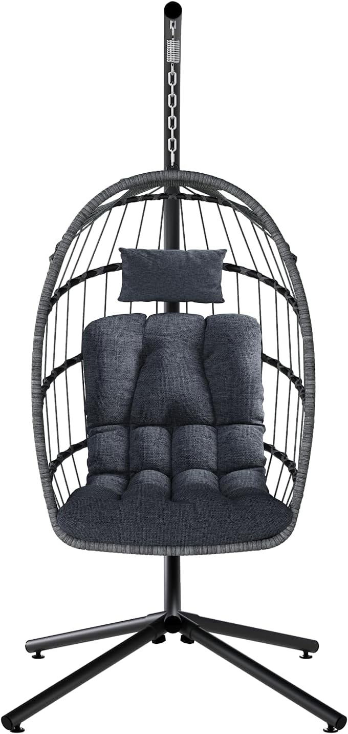 SWITTE Egg Chair Outdoor with Stand, Indoor Wicker Hanging Egg Swing Chair with Cushion, 350lbs Capacity for Patio, Bedroom, Garden - Dark Grey