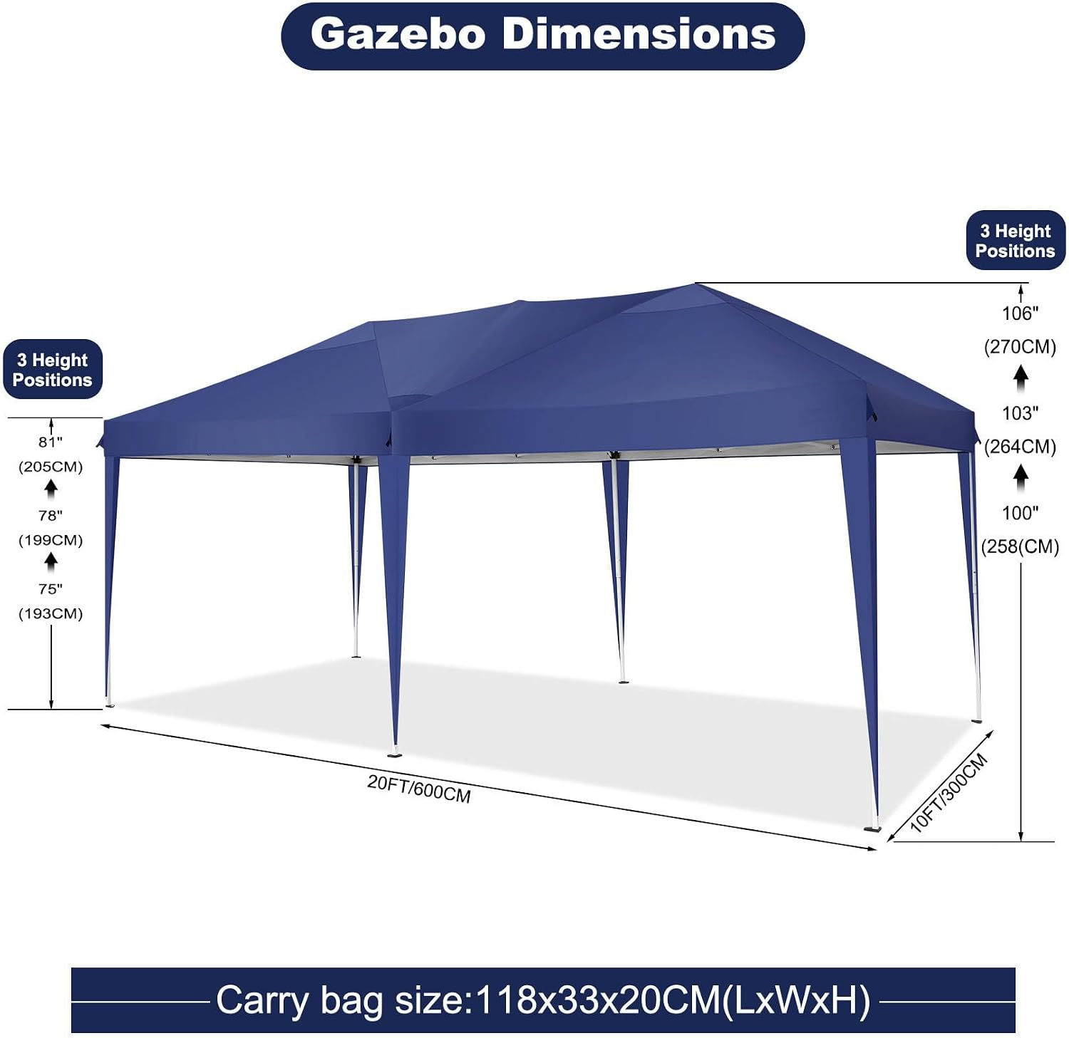 COBIZI 10x20 Pop Up Canopy Tent Party Tents for Parties Weddings Backyard Waterproof Outdoor Commercial Instant Canopy Event Tent with Stakes, Ropes,Sandbags, Deep Blue