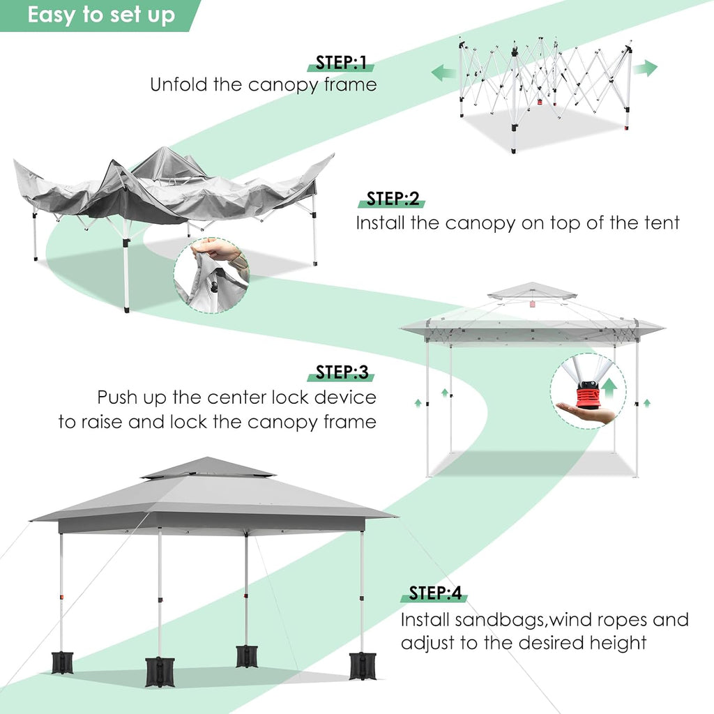 TLSUNNY 13X13 Pop Up Canopy Tent, Camping Shader W/Overhanging Eaves & Sand Bag, Outdoor Gazebo Shelter W/One Push Setup & Wheeled Bag, Height Adjustable, for Patio, Market, Party (Grey, 13FTX13FT)