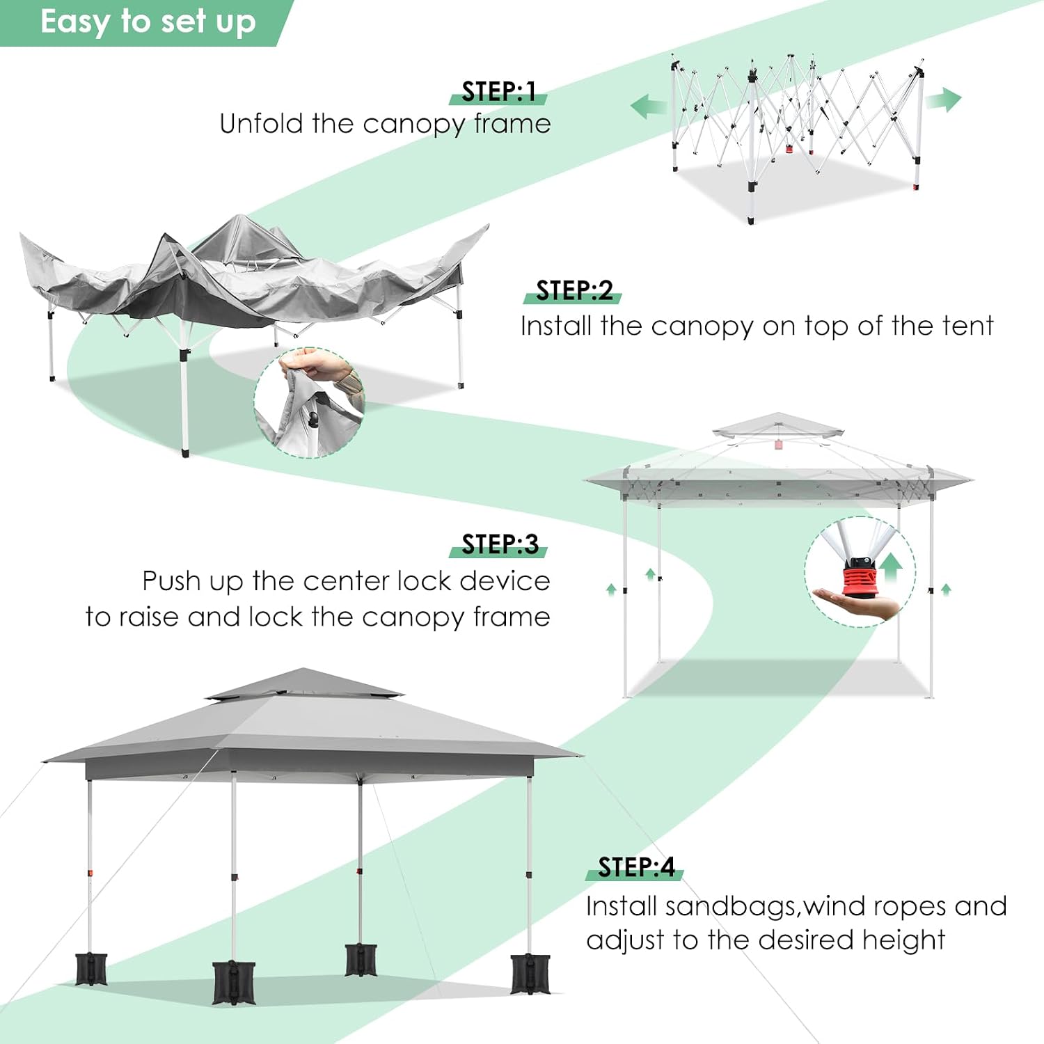 TLSUNNY 13X13 Pop Up Canopy Tent, Camping Shader W/Overhanging Eaves & Sand Bag, Outdoor Gazebo Shelter W/One Push Setup & Wheeled Bag, Height Adjustable, for Patio, Market, Party (Grey, 13FTX13FT)