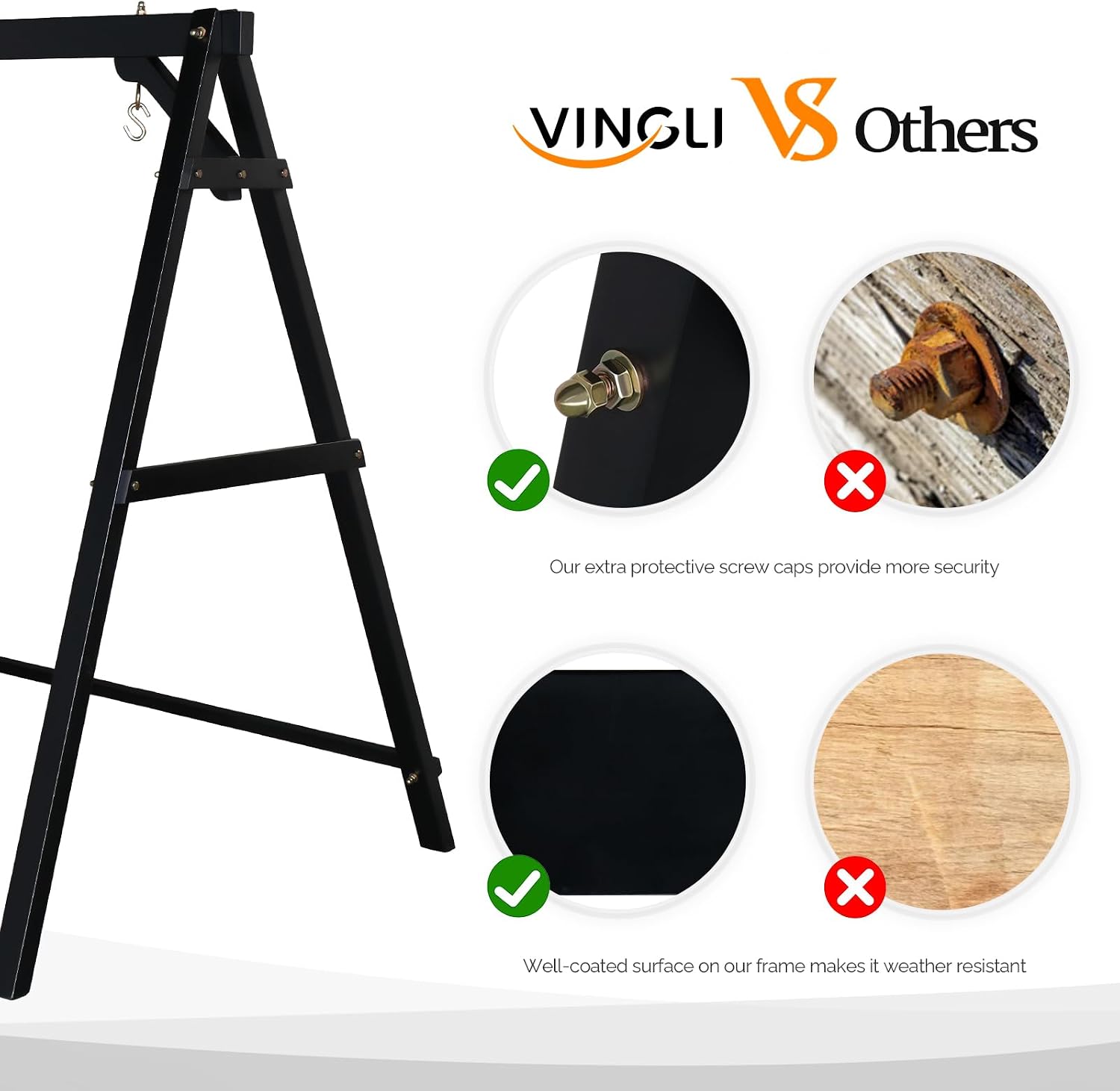 VINGLI 6.9FT Porch Swing Frame, 660 LBS Heavy Duty A-Frame Wooden Porch Swing Stand with Bottom Connection Bar for 5FT Porch Swing, Upgraded Wood Swing Hanger for Garden Patio (Black, 6.9FT)