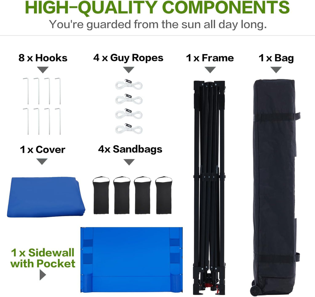 Tunbne 10'x10' Pop Up Canopy Tent with 1 Sidewall and 6 Pockets, One Push Setup, Instant Shade Tent with Vented Roof for Beach Patio Outdoor, Case, 8 Stakes, 4 Ropes, 4 Sandbags (Royal Navy, 10x10)