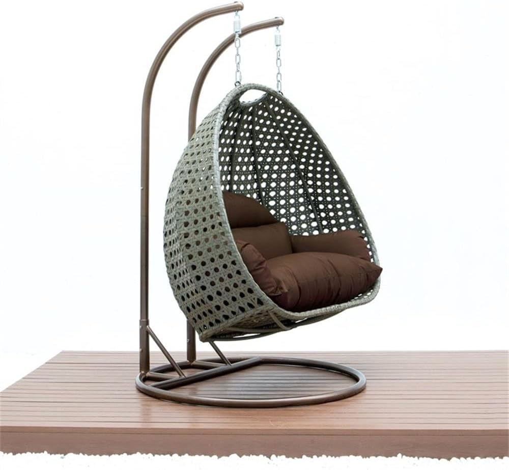 LeisureMod Brown Wicker 2 Person Egg Swing Chair with Beige Stand and Cushions – Double Hanging Hammock Lounge for Patio, Indoor & Outdoor Use