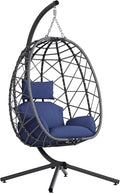 SWITTE Hanging Egg Chair with Stand, Outdoor Indoor Rattan Wicker Egg Swing Chair with Cushion, Heavy Duty Patio Hammock Chairs for Garden Backyard Balcony Bedroom, 400LBS Capacity, Dark Blue