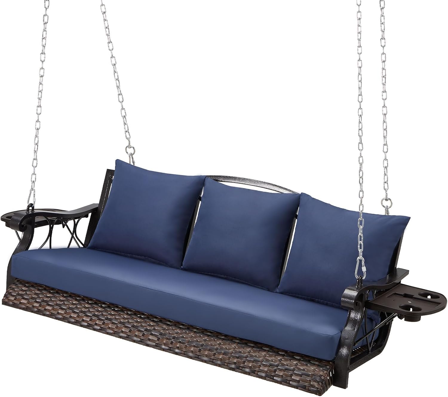 ZZW 3-Person Wicker Porch Swing Chair Heavy Duty 900 LBS Outdoor Rattan Patio Swing Chair w/Cup-Holder & Steel Chains Hanging Bench Porch Swing Cushions for Deck & Backyard & Garden
