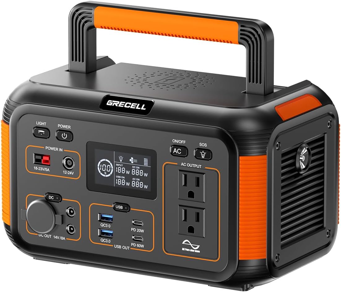 GRECELL Solar Generator 500W Portable Power Station 444Wh Solar Powered Generator 110V (1000W Peak) Pure Sine Wave AC Outlet PD 60W Fast Charge for Camping Outdoor Home Use Emergency Backup Trip RV