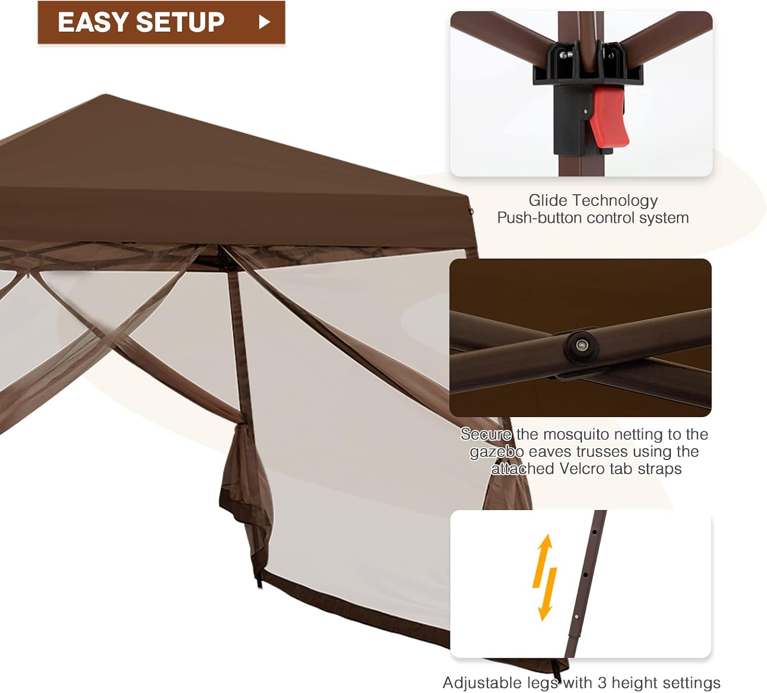 10x10 Pop Up Canopy Tent, Slant Leg Instant Screened Gazebo with Mesh Walls, UV Protection, Water Resistant, Brown