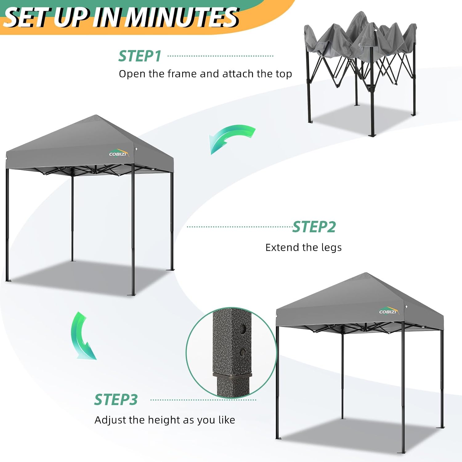 COBIZI 6.6x6.6ft Pop Up Canopy, Heavy Duty Tent Canopy Easy Set up All Weather Waterproof Outdoor Canopy Tent for Parties, Beach, Garden, Camping with 1 Handbag, 3 Adjustable Heights, UPF50+, Grey