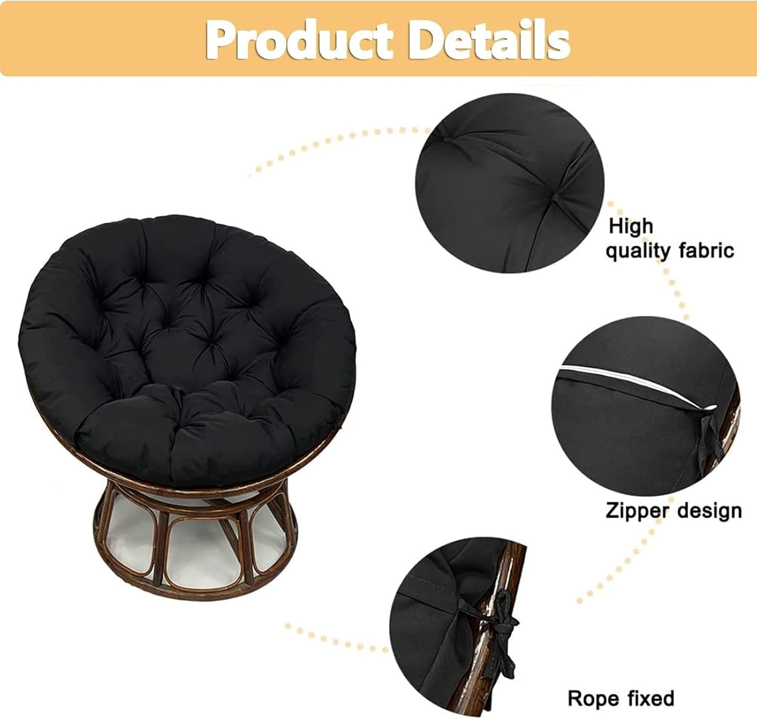 FXBZA Waterproof Round Chair Cushion Overstuffed Rocking Chair Pads for Hanging Egg Chair & Garden Sofa Removable Zippered Cover 100cm/39in Comfortable &(Black)
