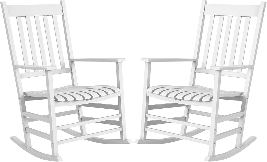 Outsunny Outdoor Rocking Chair Set of 2, Patio Rocking Chair with Smooth Curves, High Density Wooden Rockers for Lawn Garden Porch, Supports Up to 350lbs, White